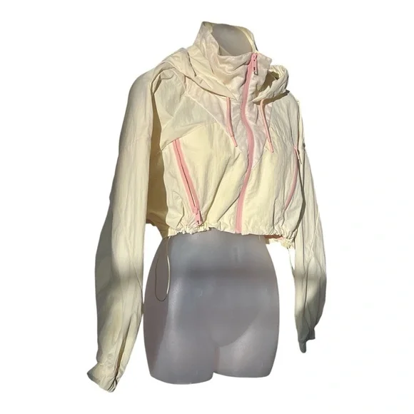 Zara Cropped Yellow Hooded Rain Jacket with Pink Accents size Large - Picture 3 of 12